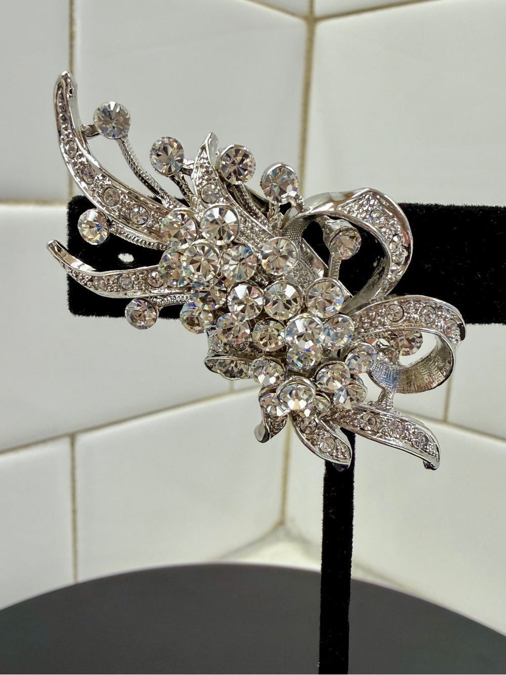 Crystal Floral Statement Brooch - Silver Tone